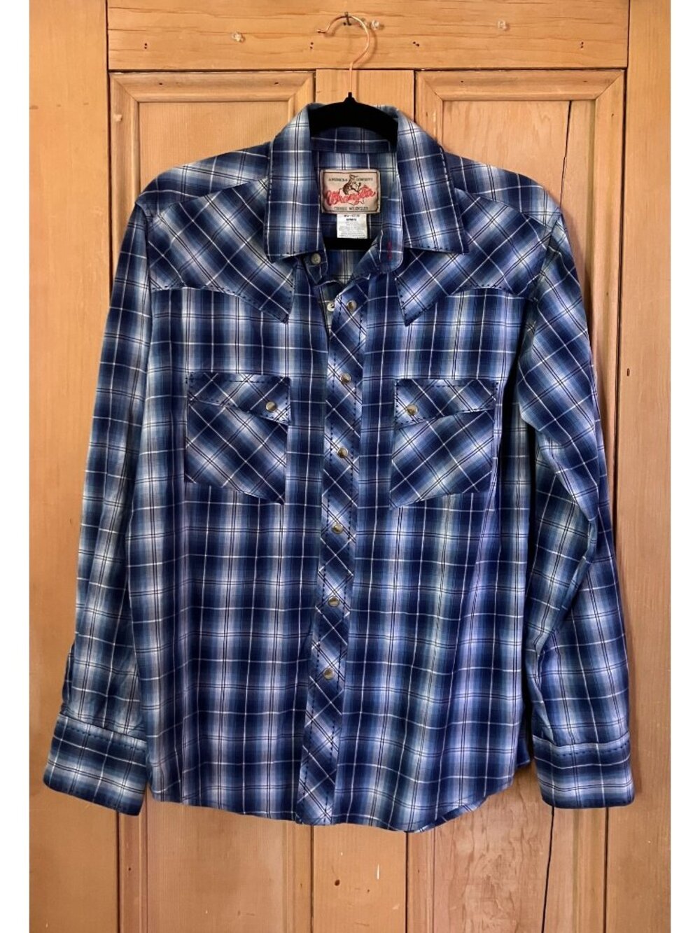 Wrangler Mens Vintage 90s Pearl Snap Plaid Thick Stitch Shirt Medium Blue SP EXC
